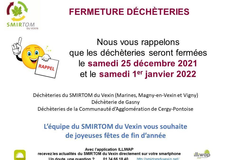 Fermeture des déchèteries 25/12/2021 et 01/01/2022