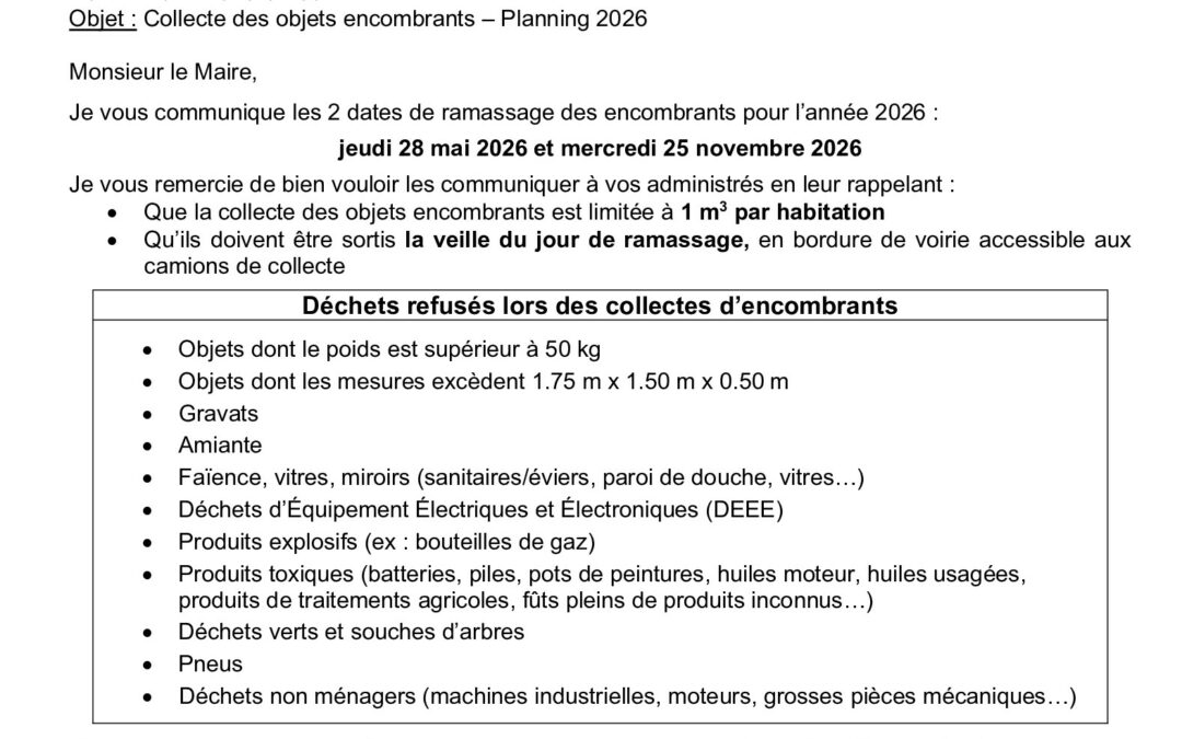 Ramassage des encombrants pour l&rsquo;année 2026, commune de Montgeroult